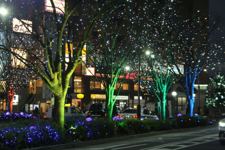 亀有駅前の木立を彩る光の演出