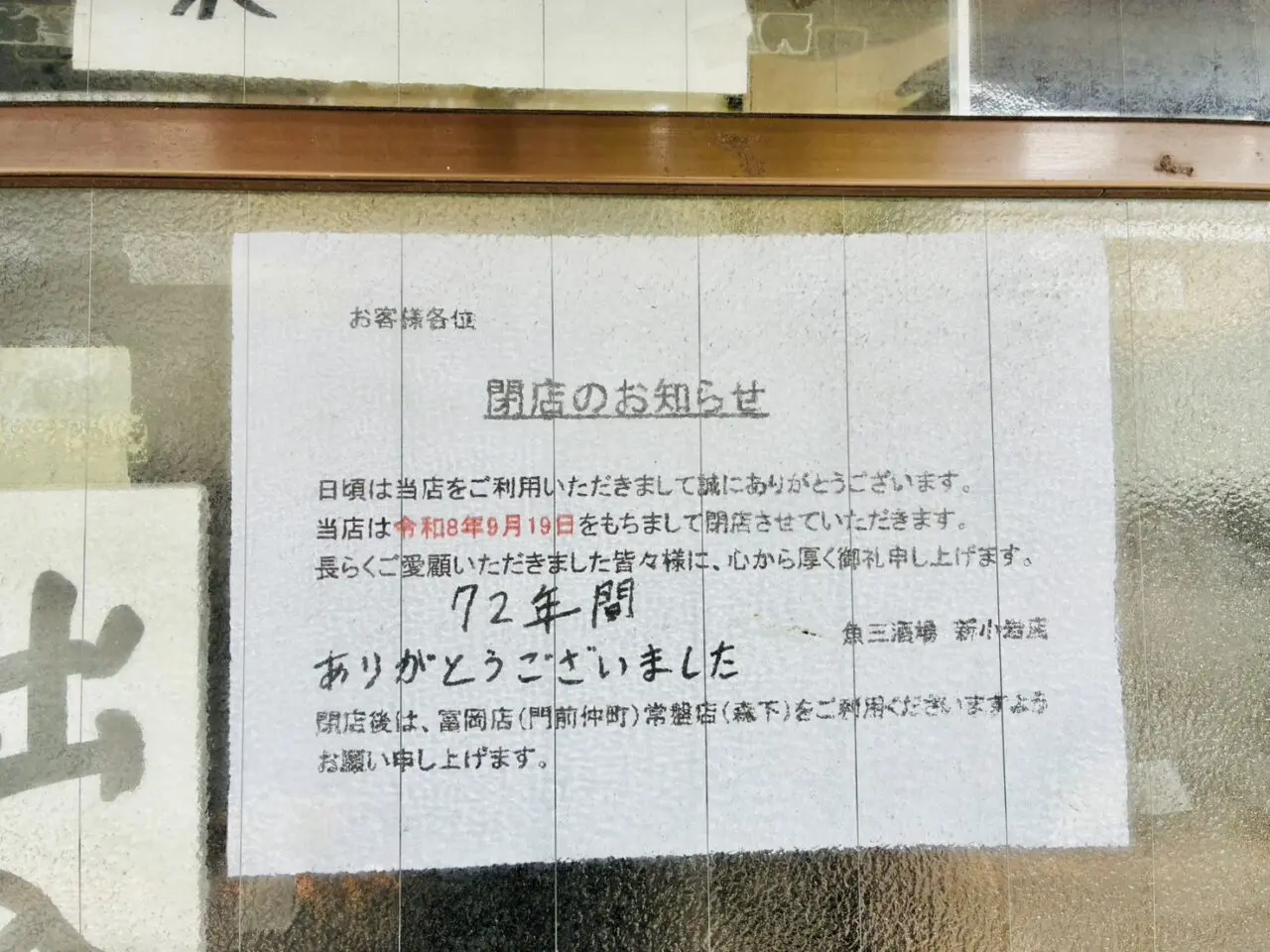 「魚三酒場」閉店のお知らせ